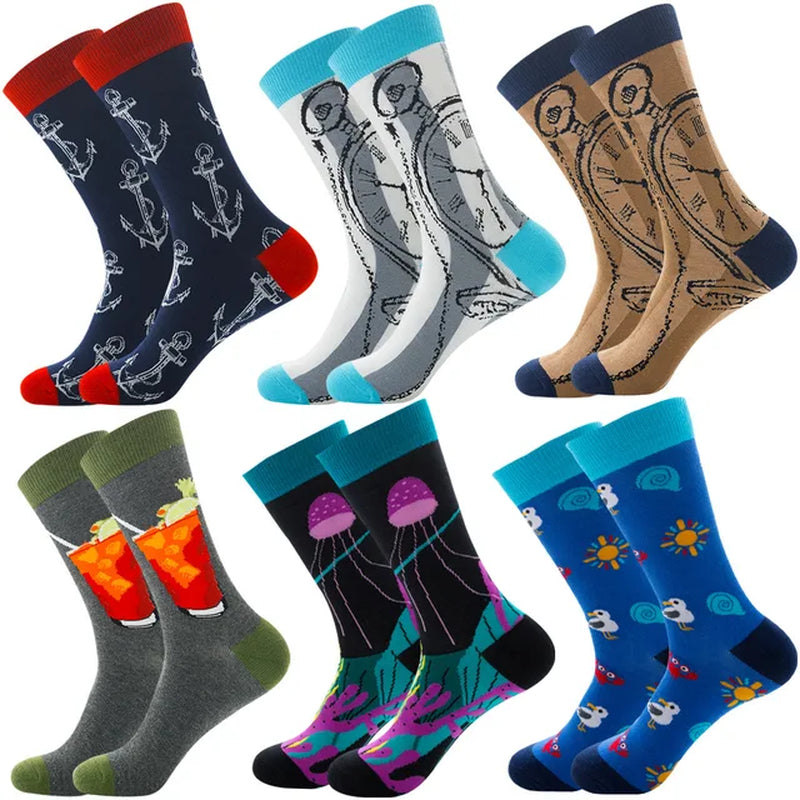 6 Pairs Hip Hop INS Style Men/Women Socks Combed Cotton Happy Print Art Funny Socks Men Casual Crew Skateboard Socks Long Tube