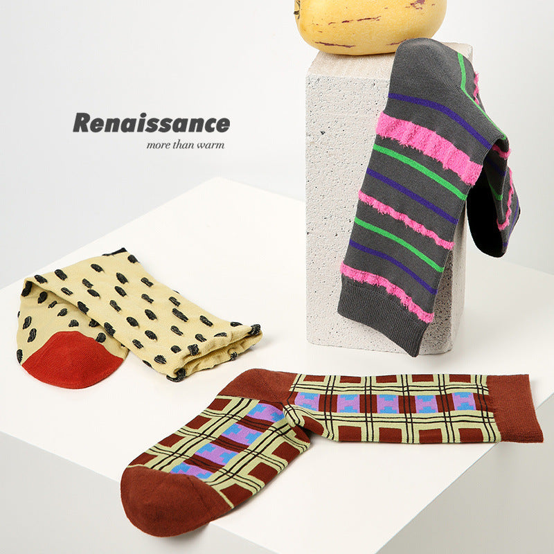 Renaissance Collection Women Socks 3 Pairs Bundle Geometry Polka Mid-Calf Socks