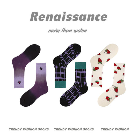 Renaissance Collection Women Socks 3 Pairs Bundle Gradient Strawberry Print Mid-Calf Socks 678428552980
