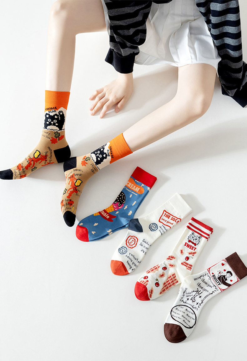 Women Socks 5 Pairs Bundle Vintage Pictorial Print Summer Thin Socks 669633383349