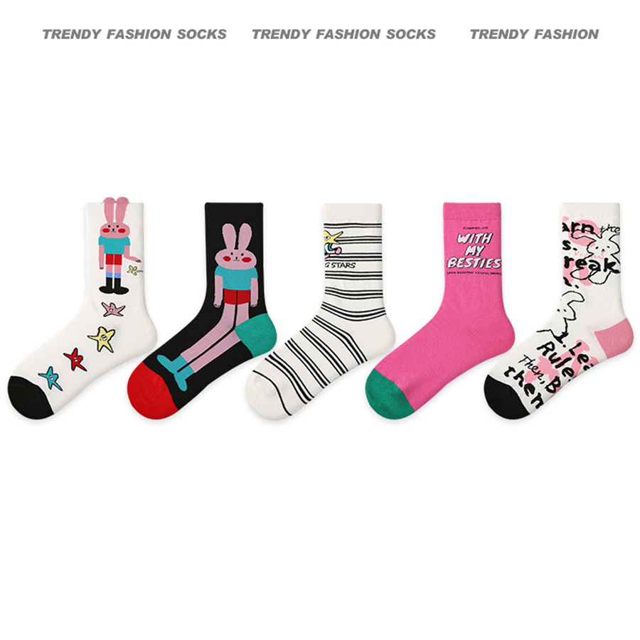 Women Socks 5 Pairs Bundle Cute Cartoon Bunny Rabbits Hosiery Spring Collection