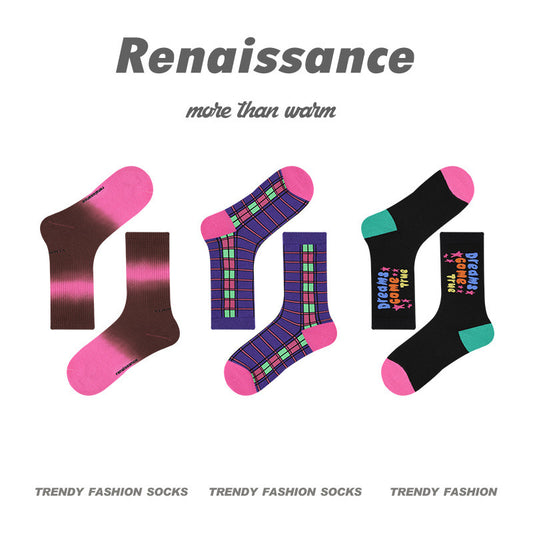 Renaissance Collection Women Socks 3 Pairs Bundle Dopamine Color Blocking Crew Socks