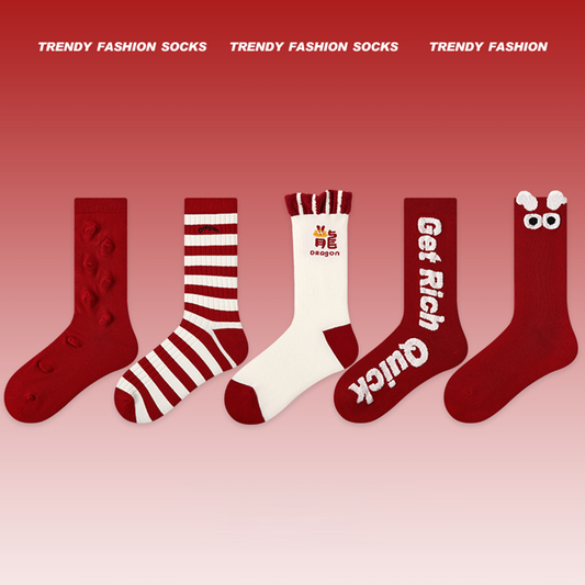 Renaissance Collection & Loong Year Women Socks 5 Pairs Bundle Lucky Red Mid-Calf Socks
