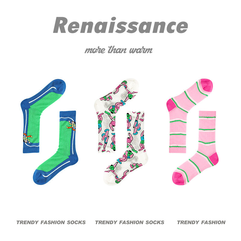 Renaissance Collection Women Socks 3 Pairs Bundle Summer Thin Striped Print Mid-Calf Socks