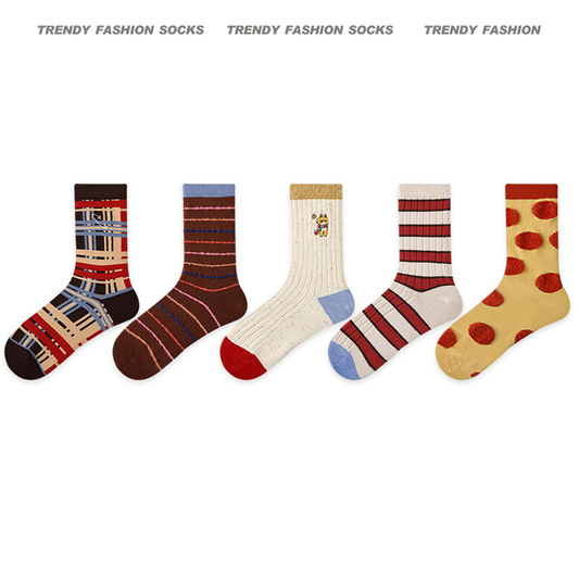 Spring Collection Women Socks 5 Pairs Bundle Vintage Stripe Print Mid-Calf Socks