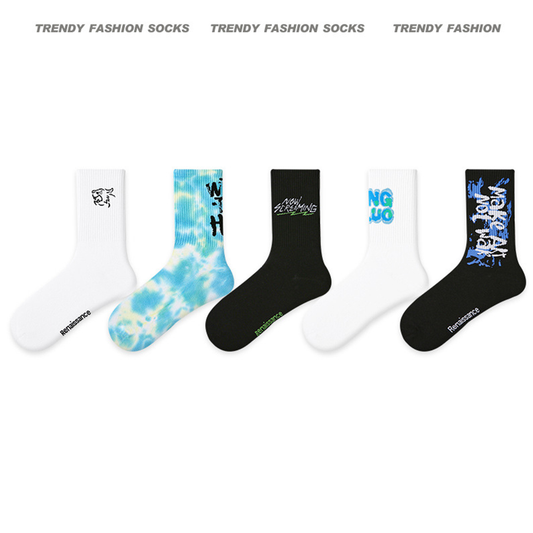 Men Socks 5 Pairs Bundle Street Graffiti Instagram Trend Basketball Socks 737709303079