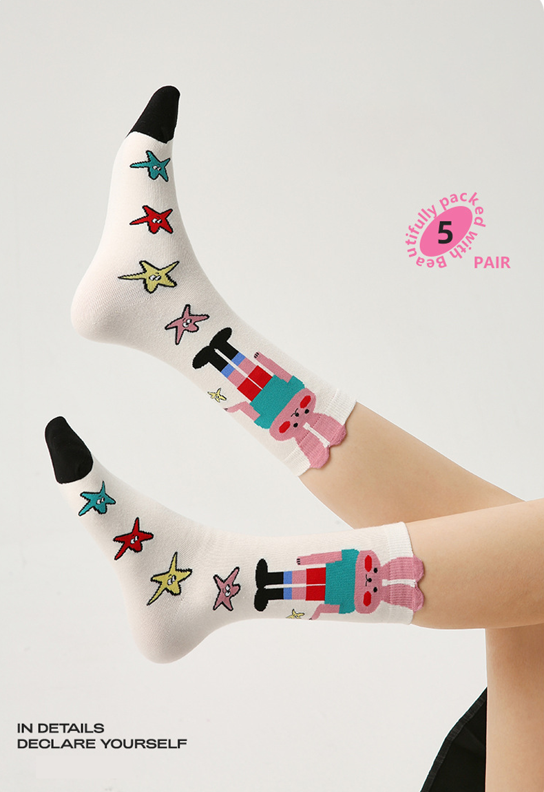 Women Socks 5 Pairs Bundle Cute Cartoon Bunny Rabbits Hosiery Spring Collection