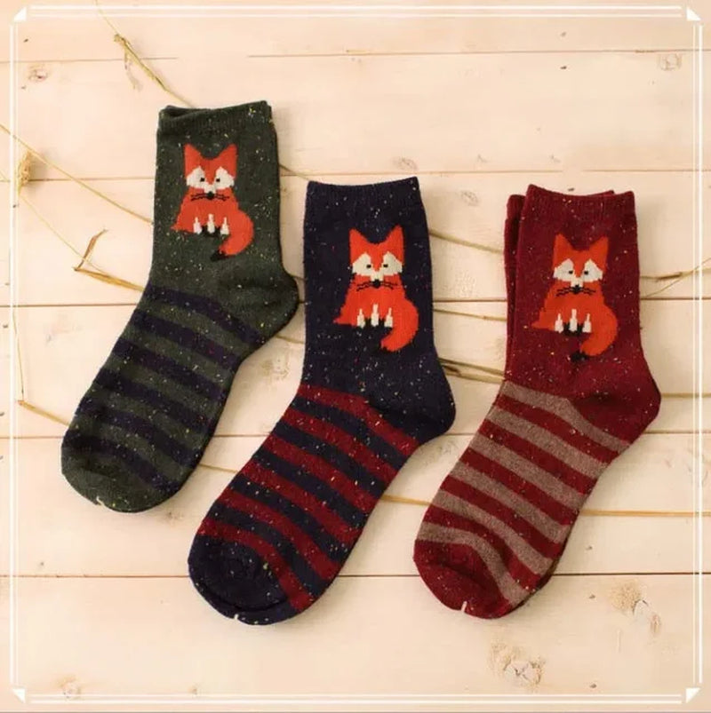 3 Pairs Lot Pack Women Socks Winter Cartoon Animal Elk Deer Thick Warm Tweed Yarn Soft Comfortable Wool Socks