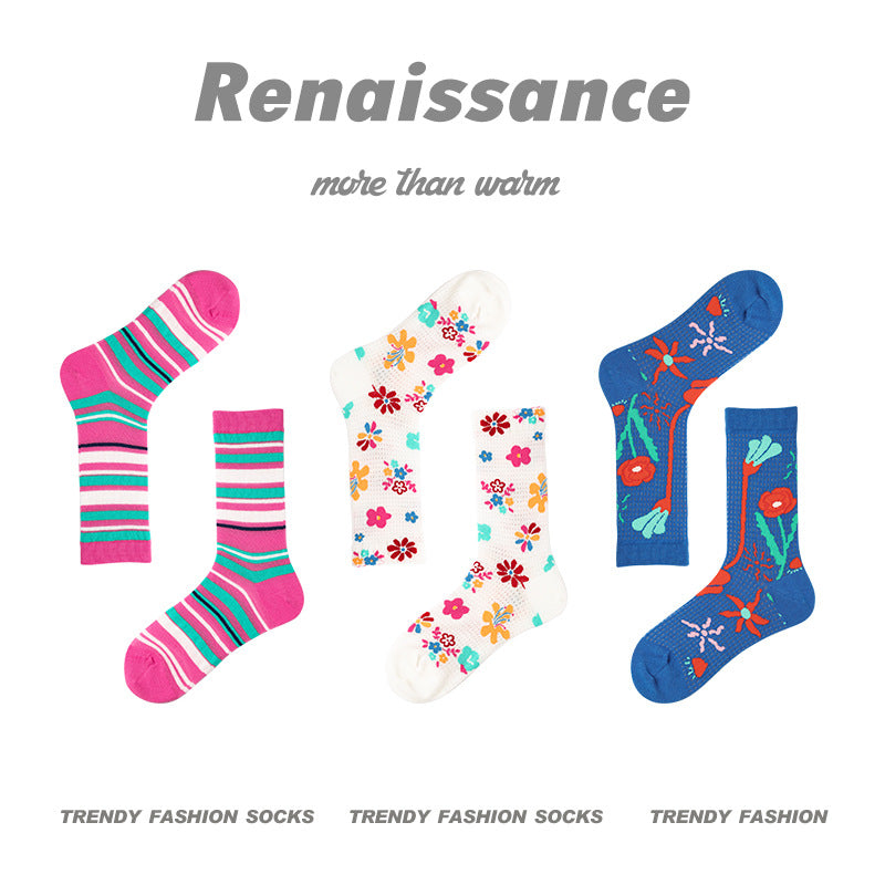 Renaissance Collection Women Socks 3 Pairs Bundle Summer Thin Striped Print Mid-Calf Socks