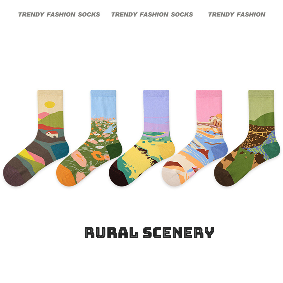 Women Socks 5 Pairs Bundle Art Van Gogh Oil Painting Rural Scenery Spring Collection Casual Socks