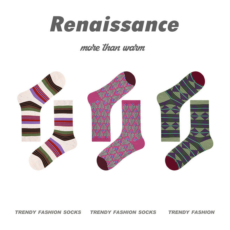 Renaissance Collection Women Socks 3 Pairs Bundle Dopamine Color Blocking Crew Socks