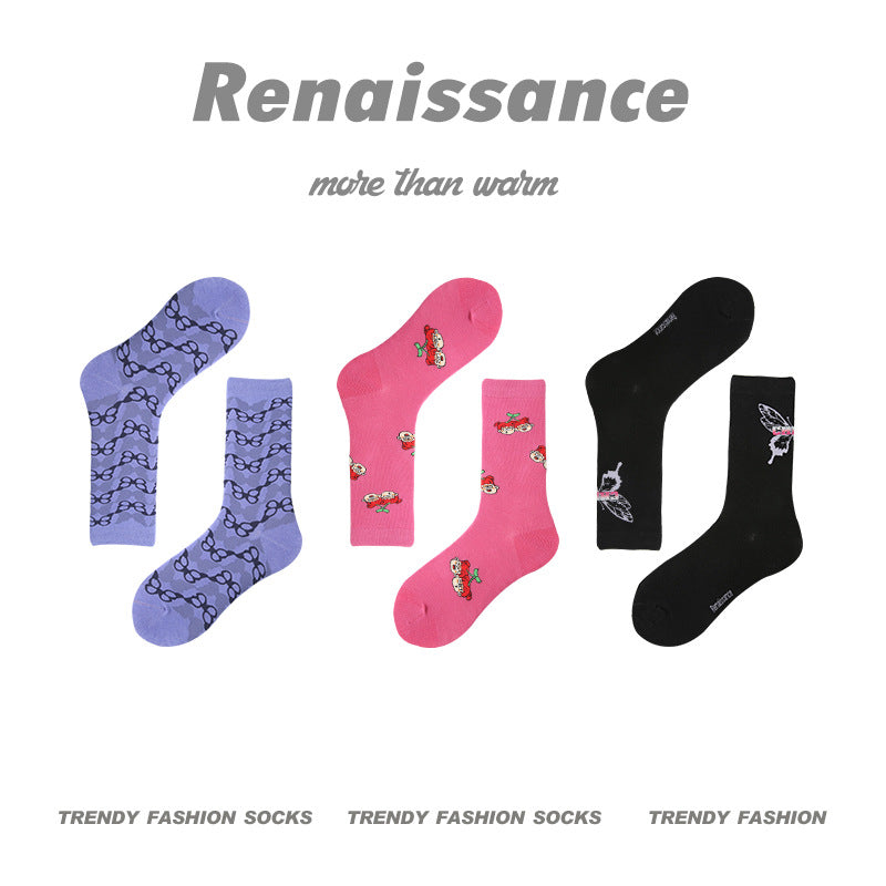 Renaissance Collection Women Socks 3 Pairs Bundle Gradient Strawberry Print Mid-Calf Socks 678428552980