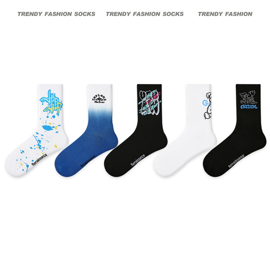 Men Socks 5 Pairs Bundle Street Graffiti Instagram Trend Basketball Socks 737709303079