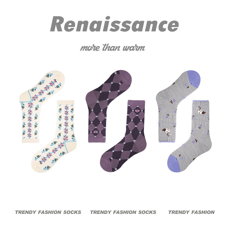 Renaissance Collection Women Socks 3 Pairs Bundle Star Flower Puppy Print Mid-Calf Socks 678428856013