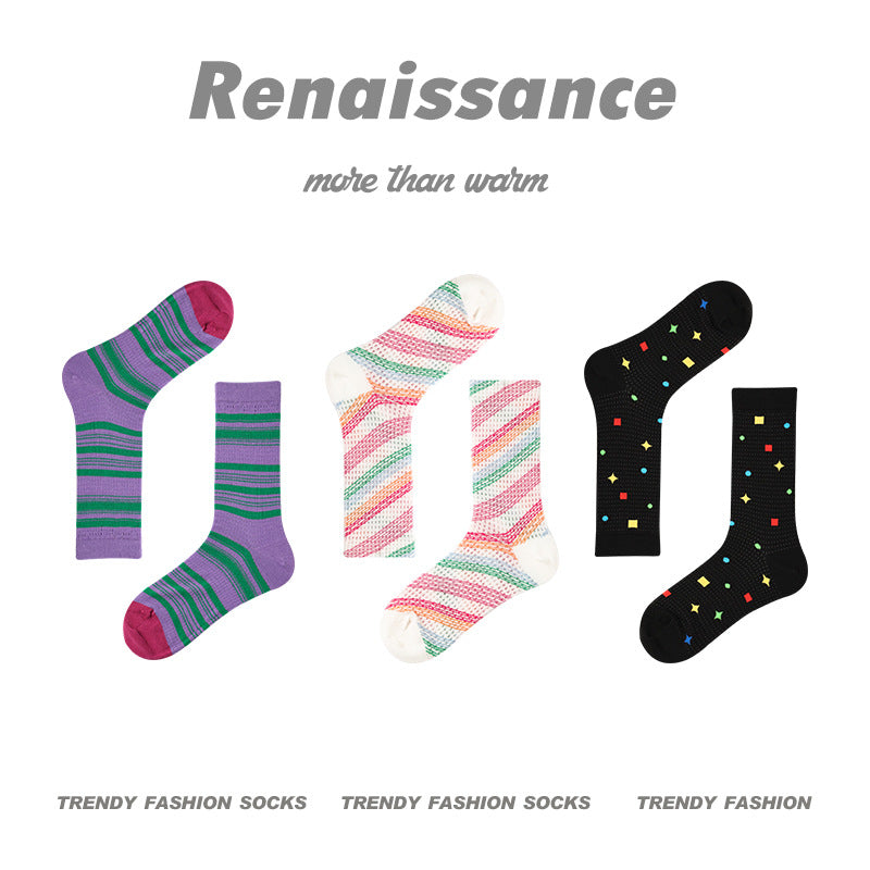 Renaissance Collection Women Socks 3 Pairs Bundle Summer Thin Striped Print Mid-Calf Socks