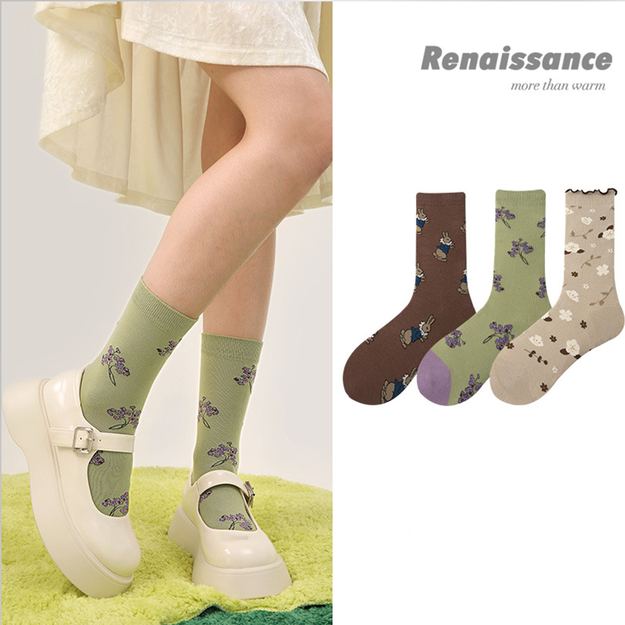 Renaissance Collection Women Socks 3 Pairs Bundle Spring Flower Art Print Socks 678429316259