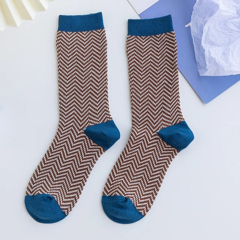 1 Pair Women Socks Spring Autumn Retro Style Men Couple Cotton Socks Flower Stripe Plaid Pattern Solid Colorful Socks