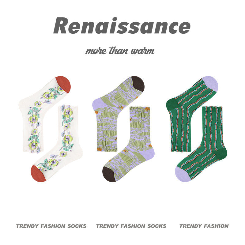 Renaissance Collection Women Socks 3 Pairs Bundle Dopamine Color Blocking Crew Socks