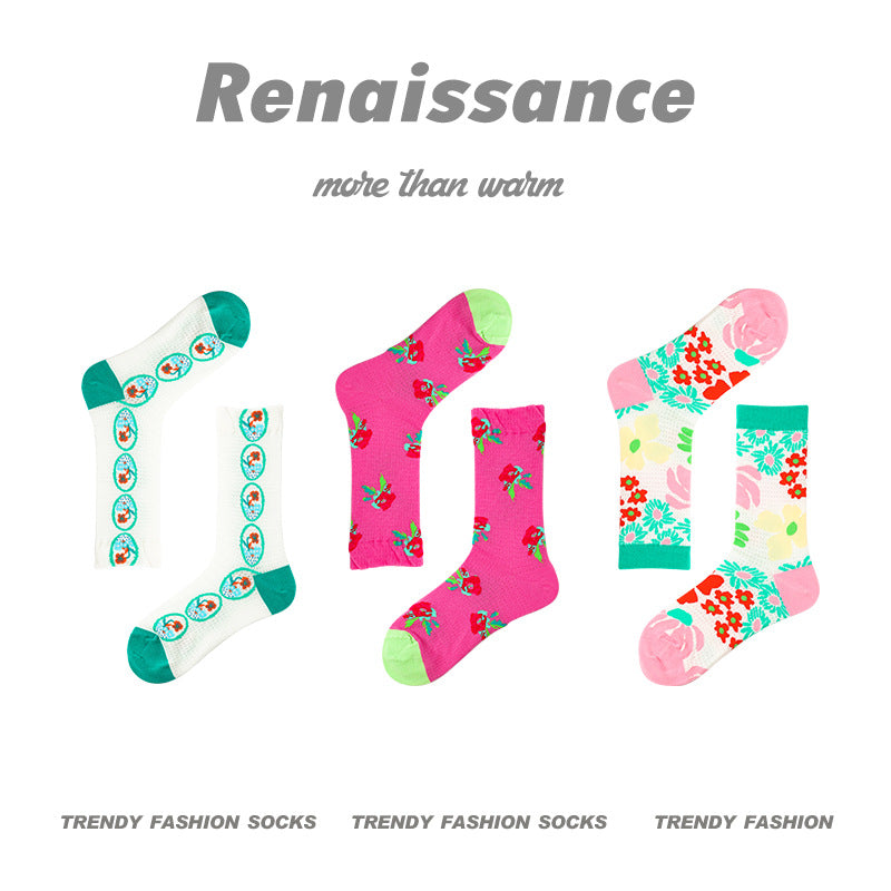 Renaissance Collection Women Socks 3 Pairs Bundle Summer Thin Striped Print Mid-Calf Socks