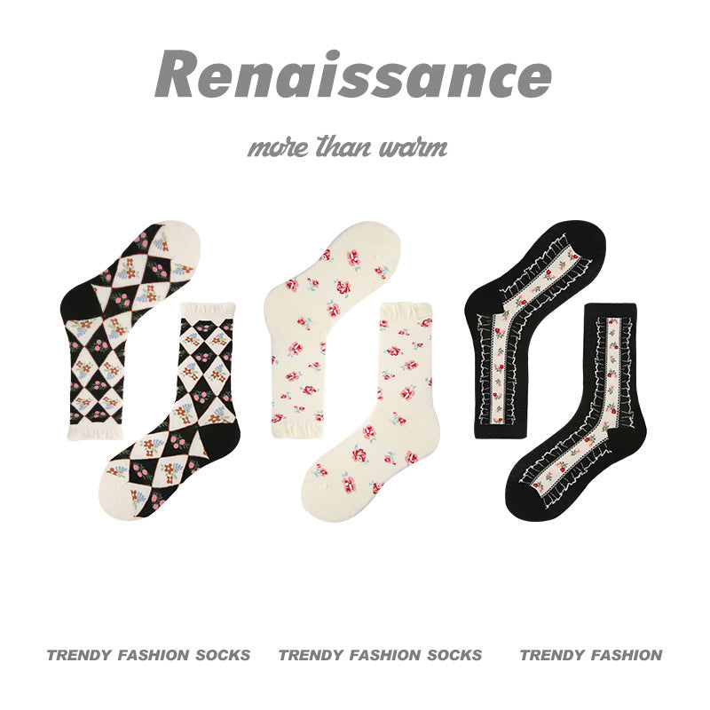 Renaissance Collection Women Socks 3 Pairs Bundle Star Flower Puppy Print Mid-Calf Socks 678428856013