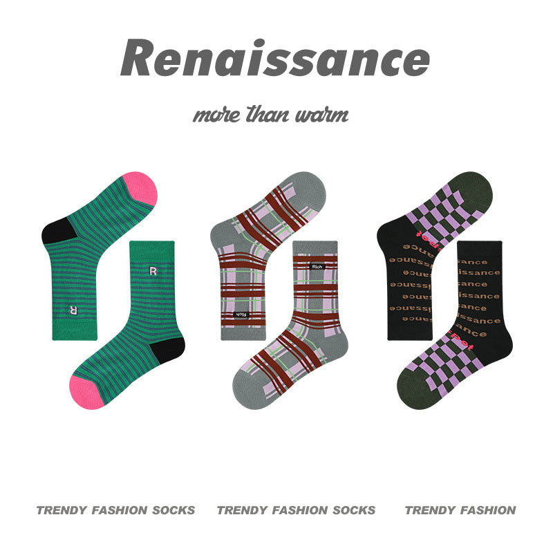 Renaissance Collection Women Socks 3 Pairs Bundle Dopamine Color Blocking Crew Socks