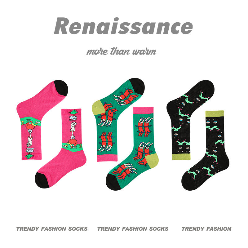 Renaissance Collection Women Socks 3 Pairs Bundle Summer Thin Striped Print Mid-Calf Socks