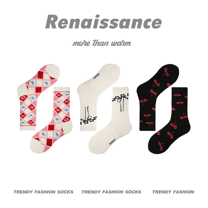 Renaissance Collection Women Socks 3 Pairs Bundle Gradient Strawberry Print Mid-Calf Socks 678428552980