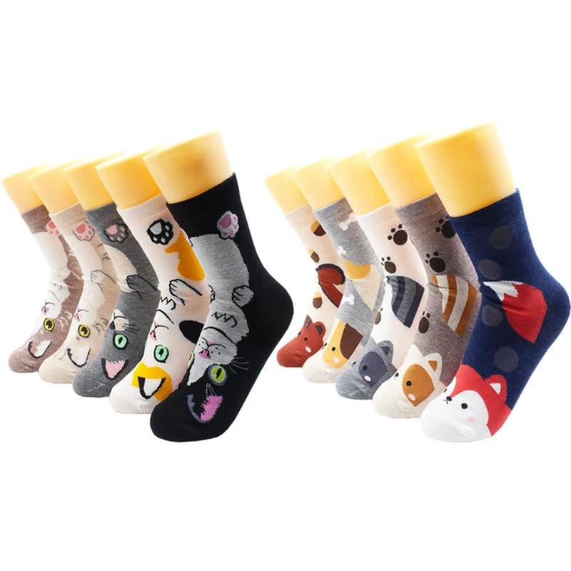 5/10 Pairs Fashion Korean Kawaii Cute Cartoon Cat Dog Fox Happy Funny Girl Socks Harajuku Hip-Hop Animal Cotton Women Socks