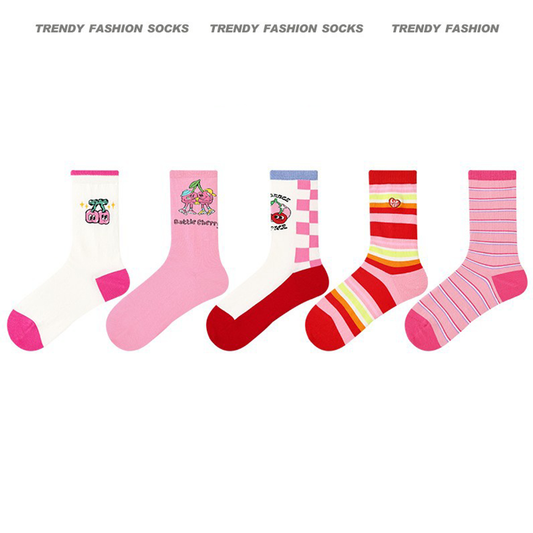 Women Socks 5 Pairs Bundle Sweet Cherry Party Hosiery Spring Collection