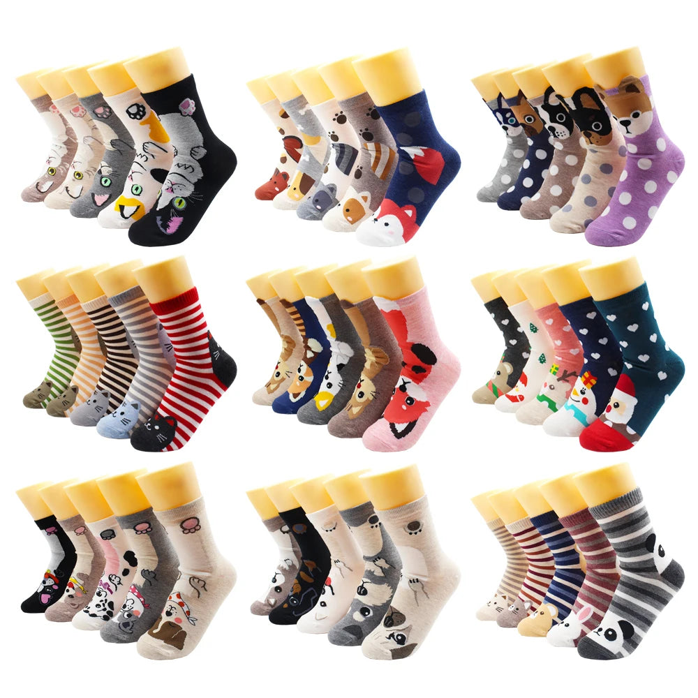 5/10 Pairs Fashion Korean Kawaii Cute Cartoon Cat Dog Fox Happy Funny Girl Socks Harajuku Hip-Hop Animal Cotton Women Socks