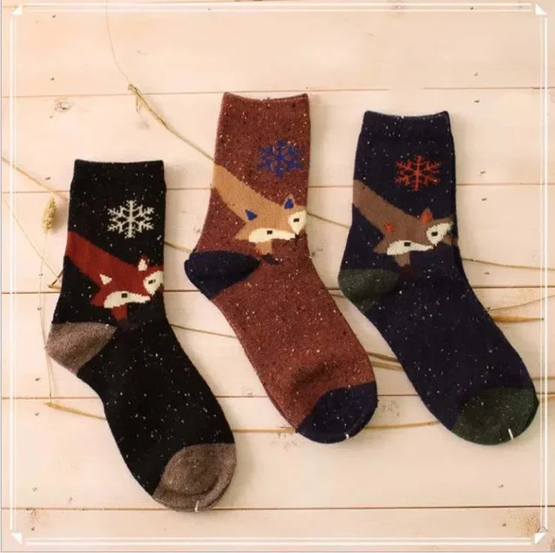 3 Pairs Lot Pack Women Socks Winter Cartoon Animal Elk Deer Thick Warm Tweed Yarn Soft Comfortable Wool Socks