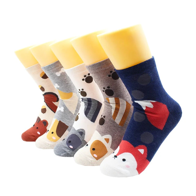 5/10 Pairs Fashion Korean Kawaii Cute Cartoon Cat Dog Fox Happy Funny Girl Socks Harajuku Hip-Hop Animal Cotton Women Socks