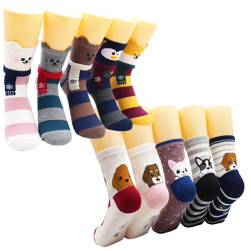 5/10 Pairs Fashion Korean Kawaii Cute Cartoon Cat Dog Fox Happy Funny Girl Socks Harajuku Hip-Hop Animal Cotton Women Socks