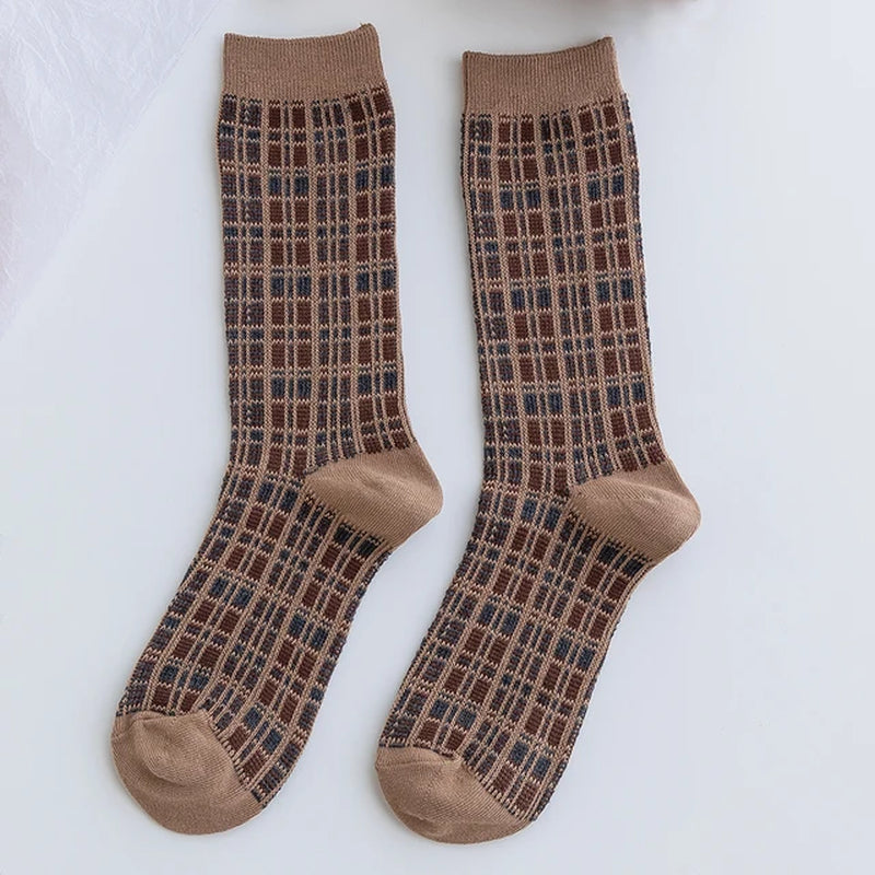 1 Pair Women Socks Spring Autumn Retro Style Men Couple Cotton Socks Flower Stripe Plaid Pattern Solid Colorful Socks