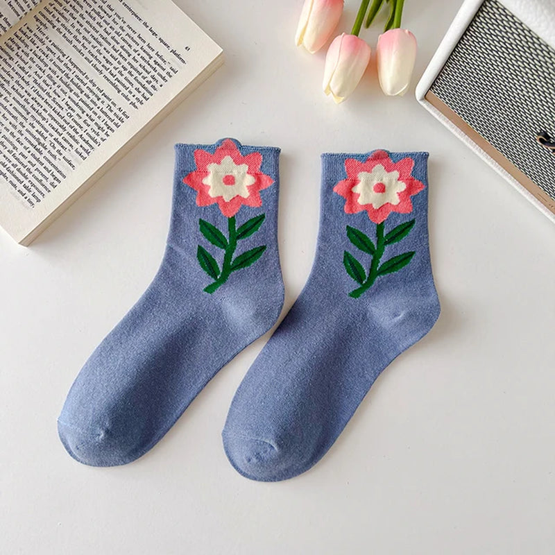 Women Socks Flower Rabbit Pattern Cute Kawaii Japanese Korean Style Cotton Harajuku Funny Breathable Casual Spring Floral Socks