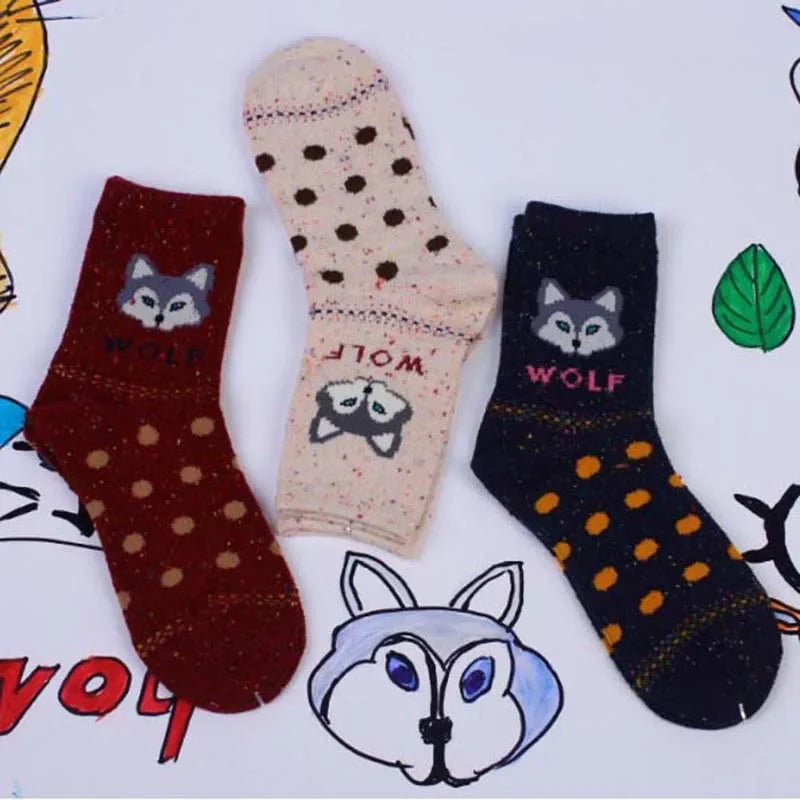 3 Pairs Lot Pack Women Socks Winter Cartoon Animal Elk Deer Thick Warm Tweed Yarn Soft Comfortable Wool Socks