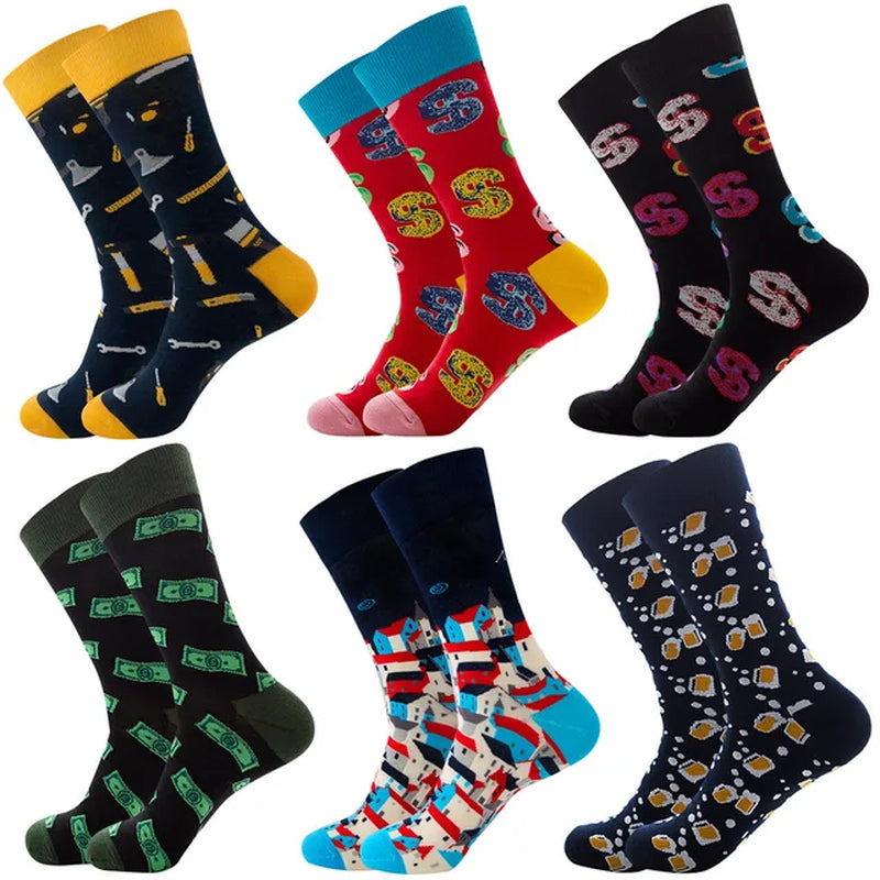 6 Pairs Hip Hop INS Style Men/Women Socks Combed Cotton Happy Print Art Funny Socks Men Casual Crew Skateboard Socks Long Tube