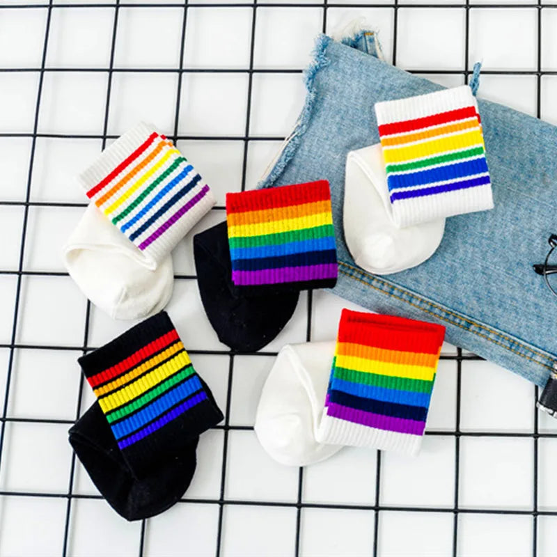 Winter Women Socks Cotton Rainbow Stripes Socks Christmas Fashion Warm Christmas Casual Tide Socks Harajuku Female Crew Socks