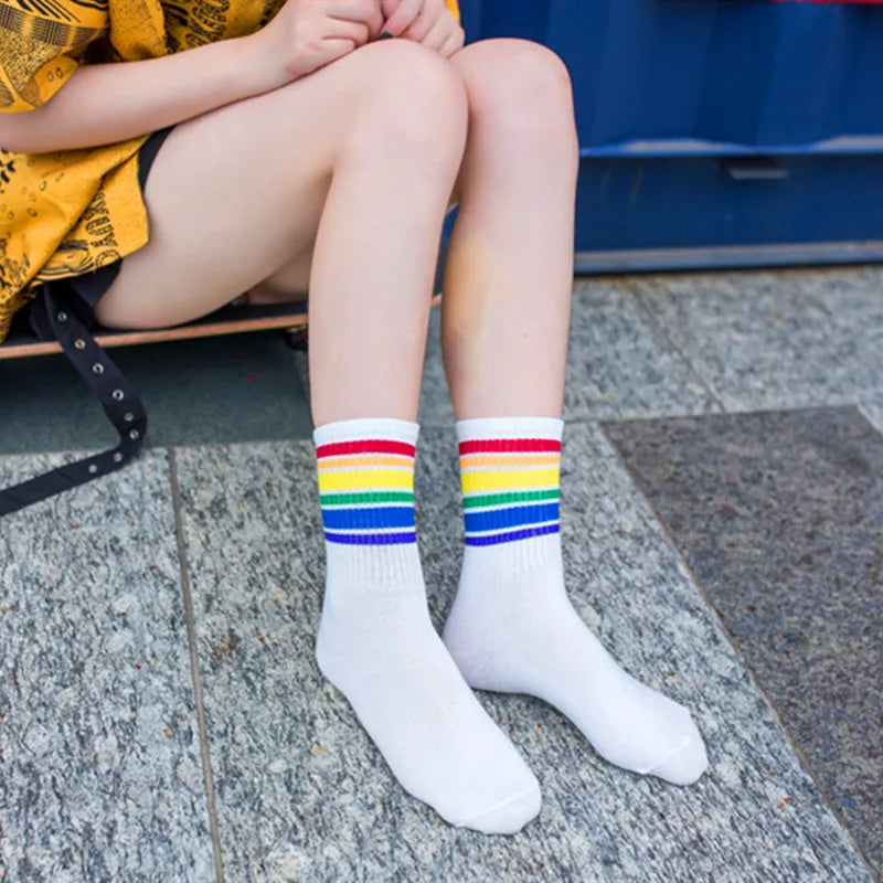 Winter Women Socks Cotton Rainbow Stripes Socks Christmas Fashion Warm Christmas Casual Tide Socks Harajuku Female Crew Socks