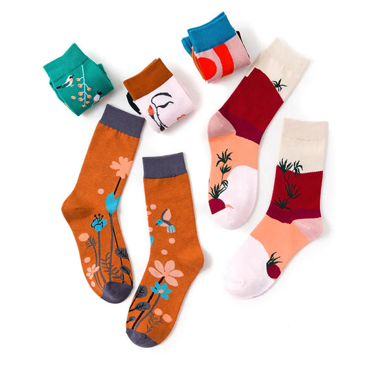 Hot Sale Cartoon Jacquard Funny Art Socks Creative Plants Flowers Cute Women Socks Vintage Leisure Cotton Kawaii Socks Wholesale