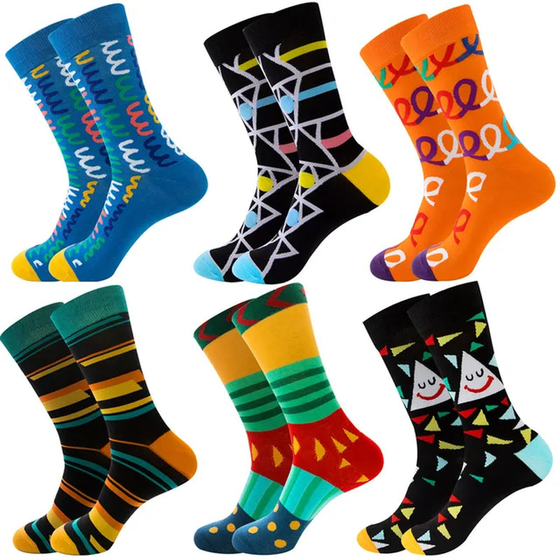 6 Pairs Hip Hop INS Style Men/Women Socks Combed Cotton Happy Print Art Funny Socks Men Casual Crew Skateboard Socks Long Tube