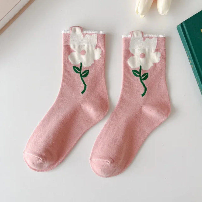 Women Socks Flower Rabbit Pattern Cute Kawaii Japanese Korean Style Cotton Harajuku Funny Breathable Casual Spring Floral Socks