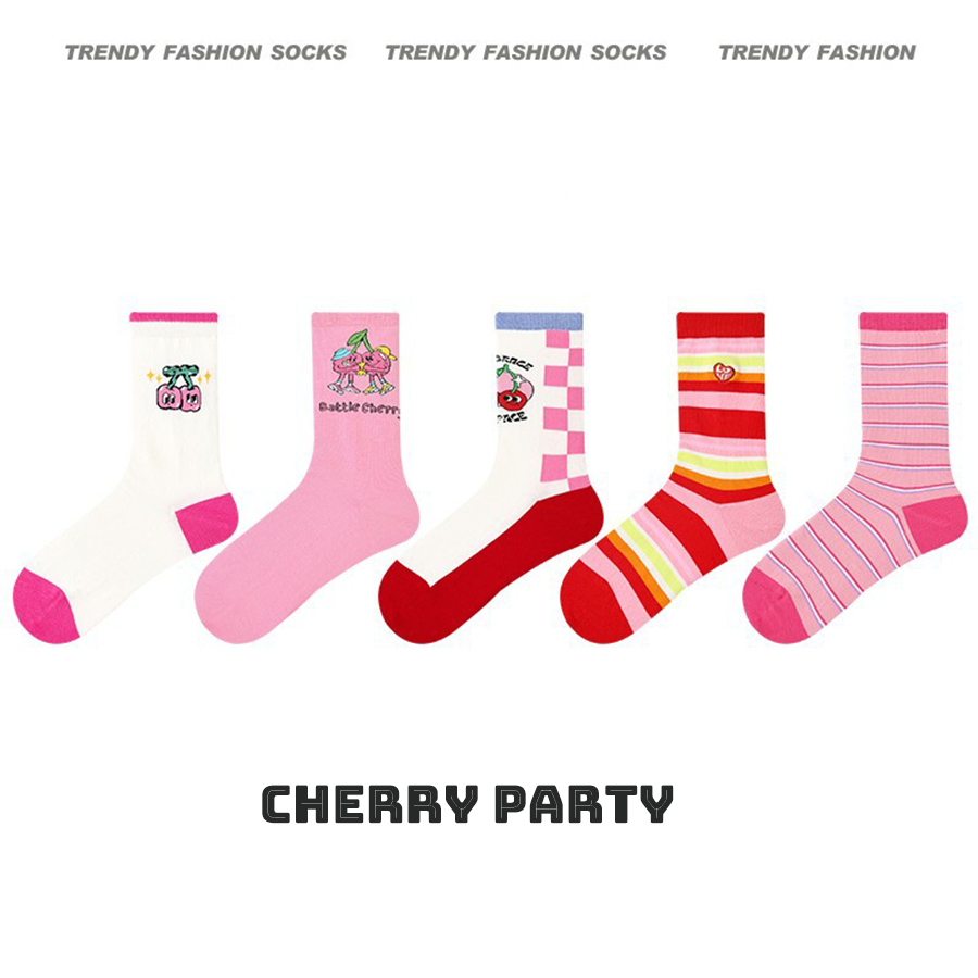 Women Socks 5 Pairs Bundle Sweet Cherry Party Hosiery Spring Collection