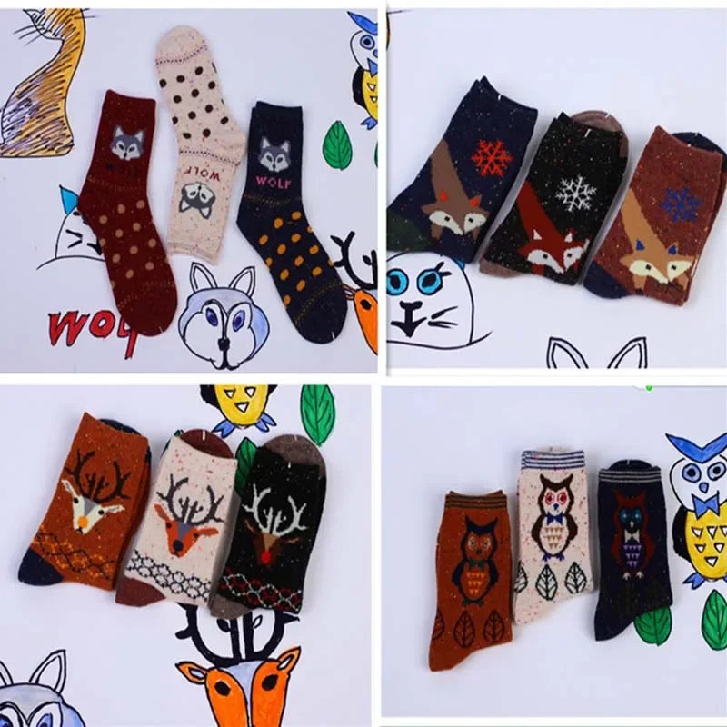 3 Pairs Lot Pack Women Socks Winter Cartoon Animal Elk Deer Thick Warm Tweed Yarn Soft Comfortable Wool Socks