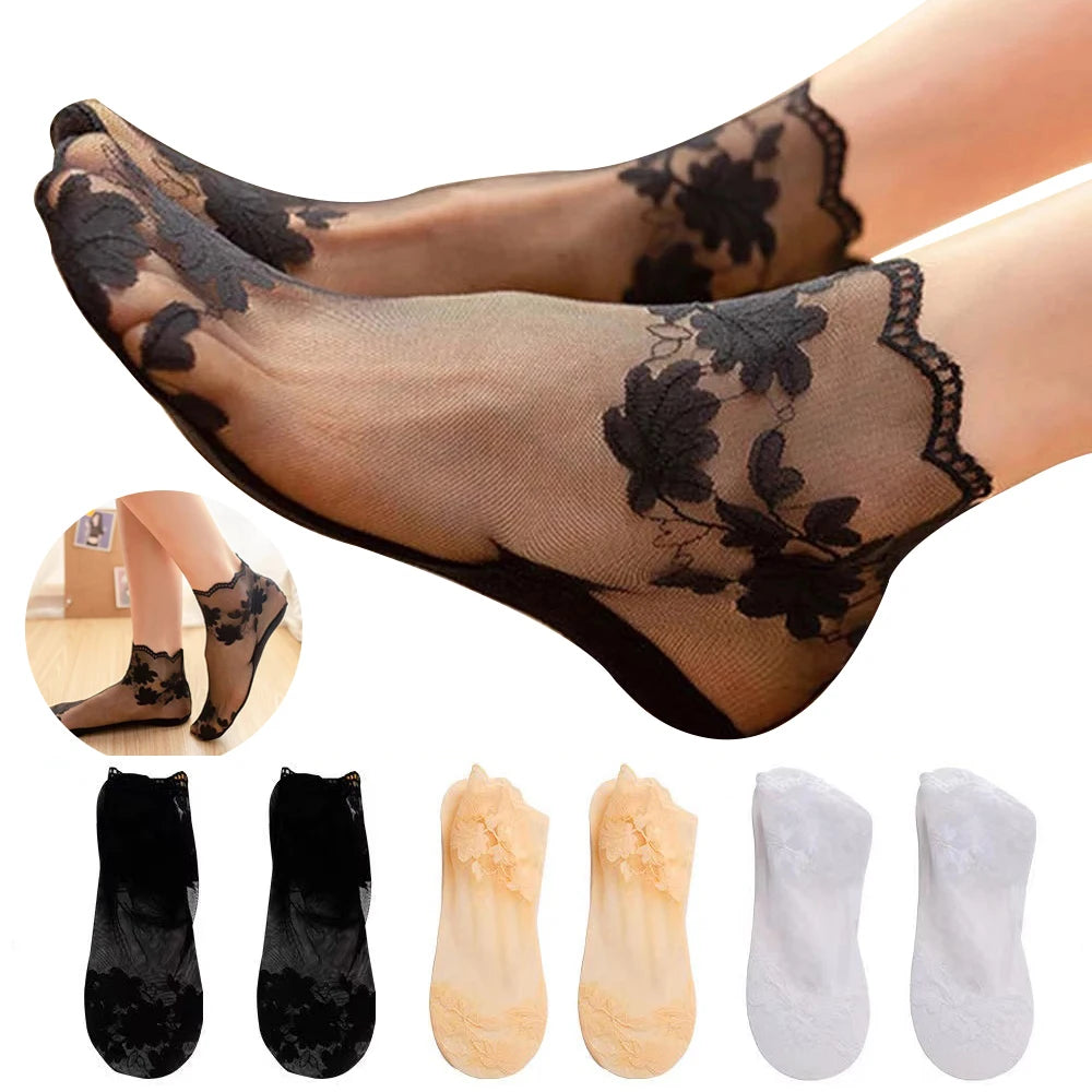 1 Pairs Summer Pure Cotton Women Socks Leaves Lace Invisible Socks Thin Ladies Lace Boat Socks Hollow Non-Slip Shallow Socks