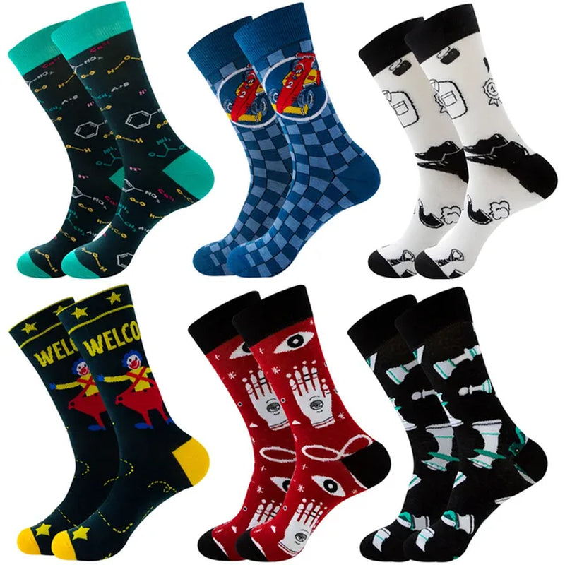 6 Pairs Hip Hop INS Style Men/Women Socks Combed Cotton Happy Print Art Funny Socks Men Casual Crew Skateboard Socks Long Tube