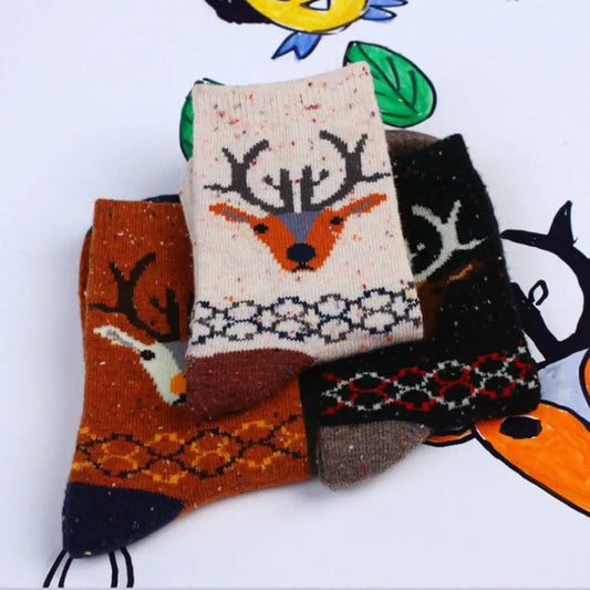 3 Pairs Lot Pack Women Socks Winter Cartoon Animal Elk Deer Thick Warm Tweed Yarn Soft Comfortable Wool Socks