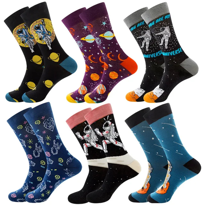 6 Pairs Hip Hop INS Style Men/Women Socks Combed Cotton Happy Print Art Funny Socks Men Casual Crew Skateboard Socks Long Tube