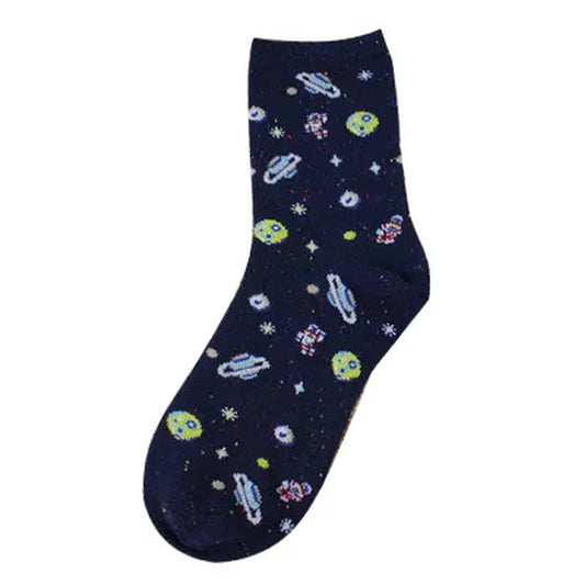 COCOTEKK Fashion Design Space Astronaut Planet Pattern Funny Art Cotton Women Socks Korea Women'S Novelty Harajuku Sock for Gift