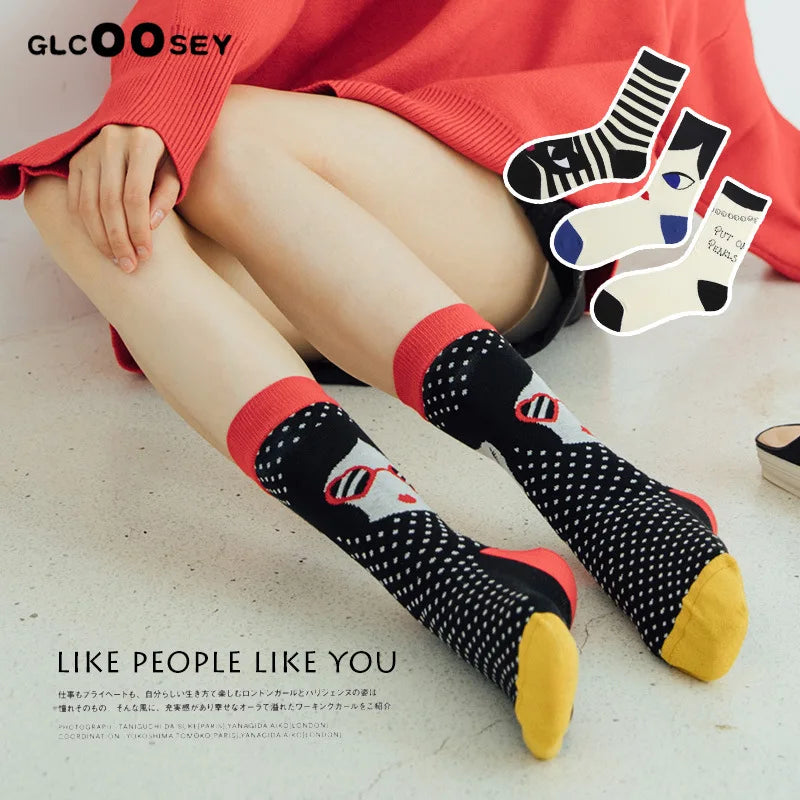 Women Socks Fashion Funny Creative Colorful Flower Letter Oil Pattern Art Socks Street Trend Happy Sox